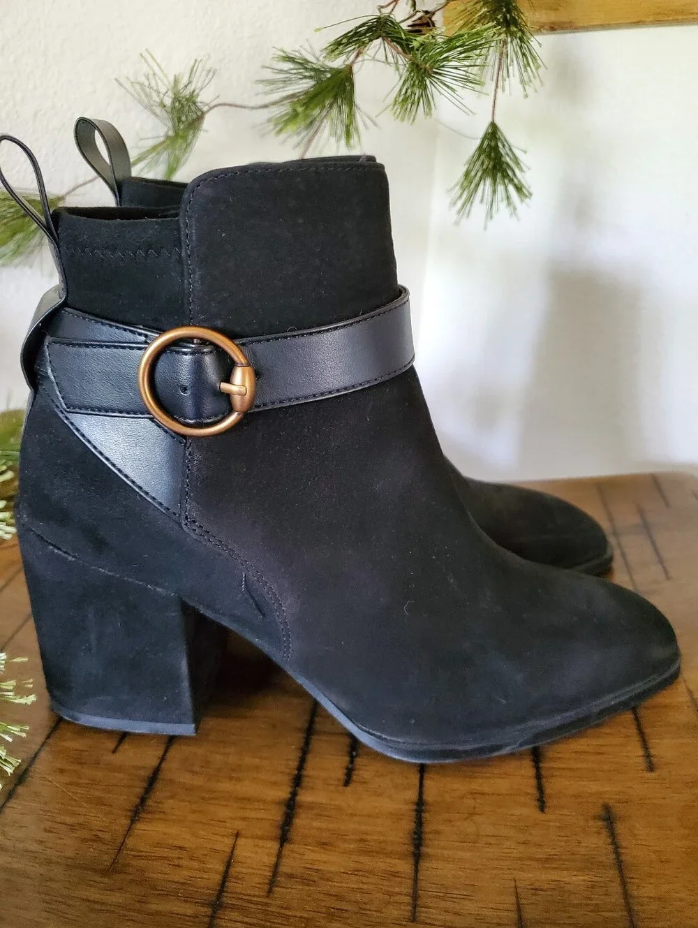 Vionic Tenley Square Toe Black Suede Ankle Booties Strap Buckle
